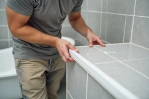 Carreleur posant une baguette d'angle sortant en PVC blanc sur un mur de salle de bain carrelé gris