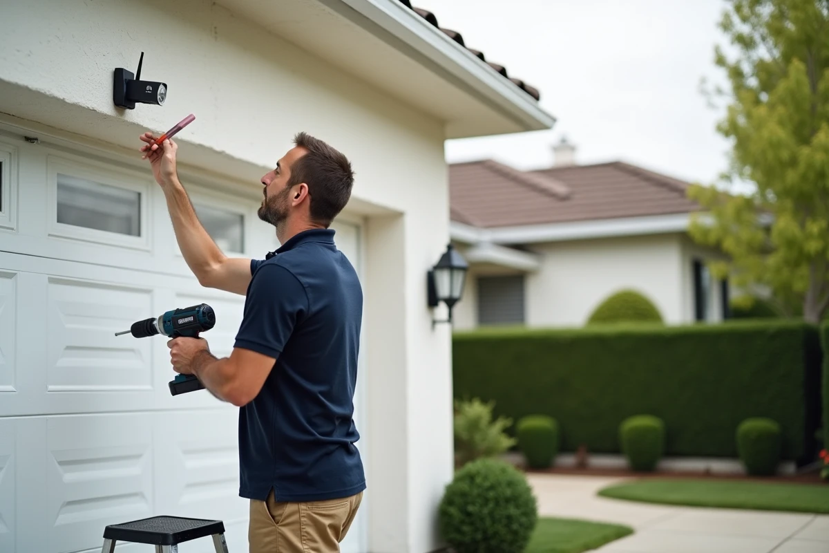Homme installant une caméra de surveillance sans fil sur la façade extérieure d'un garage résidentiel