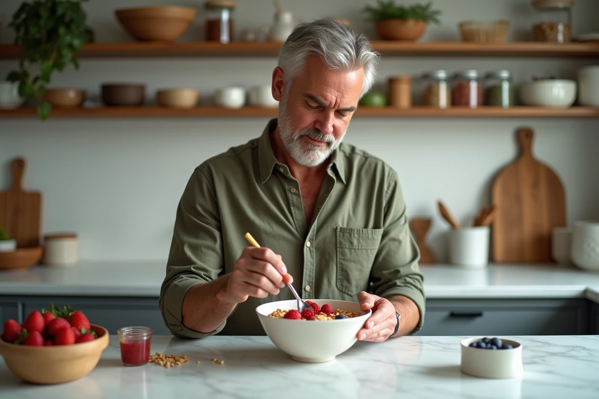 Homme préparant un bol de smoothie sain dans une cuisine moderne pour un mode de vie équilibré