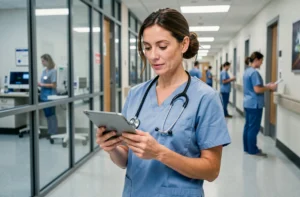 Infirmière en blouse bleue consultant une tablette dans un couloir d'hôpital moderne, illustrant les recrutements dans le secteur de la santé en France en 2024