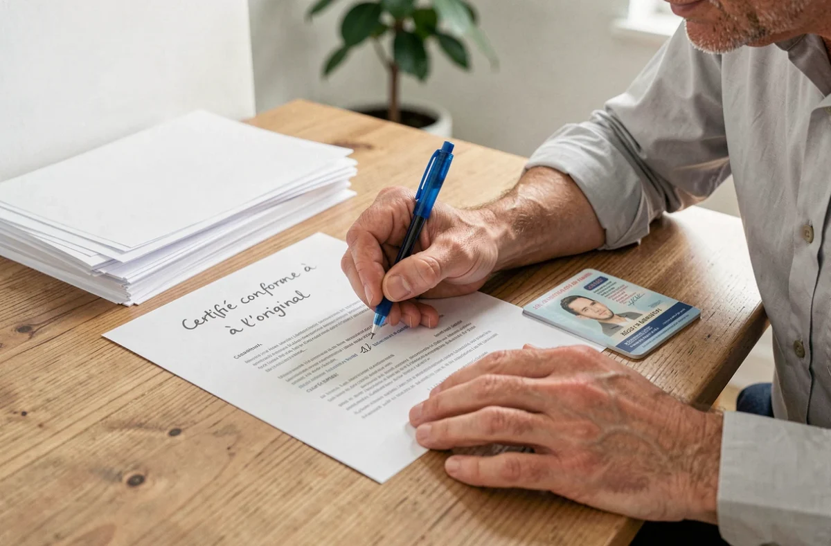 Homme rédigeant la mention certifié conforme à l'original sur un document administratif à son bureau à domicile