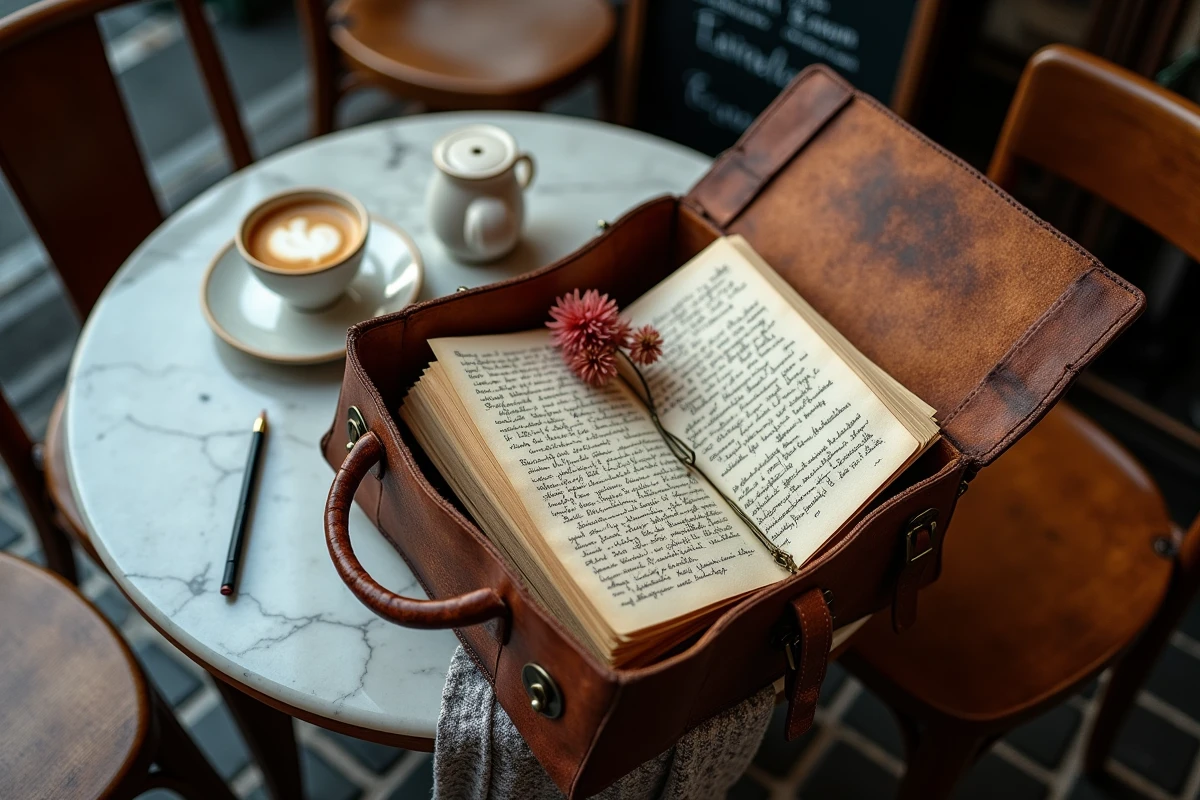 Sacoche en cuir vintage ouverte sur une table de café avec des manuscrits de poésie, un carnet et une fleur séchée évoquant la créativité littéraire