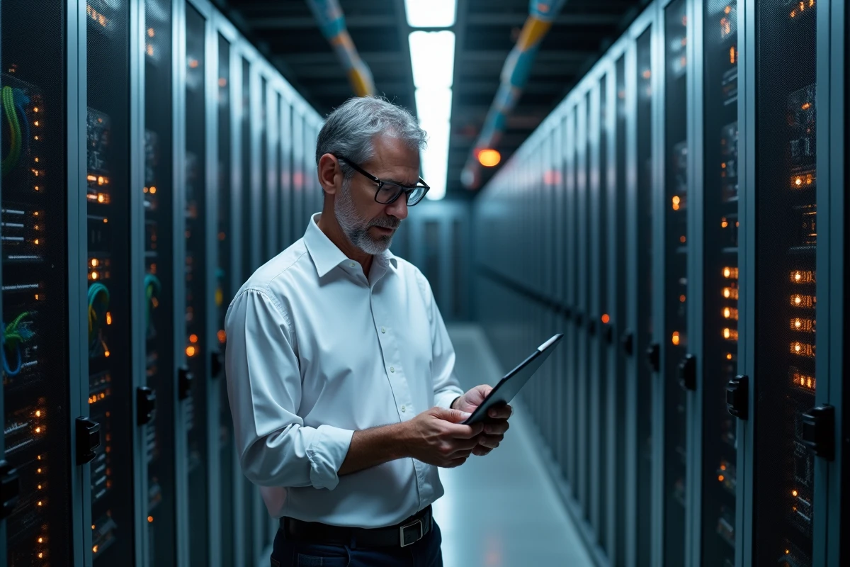 Technicien informatique analysant un réseau dans une salle de serveurs avec des baies d'équipements et câbles ethernet